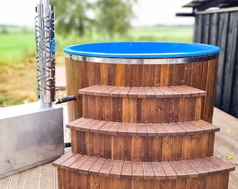 Wooden plunge pool with bubbles, lighting. Hottub with wood stove for sale!