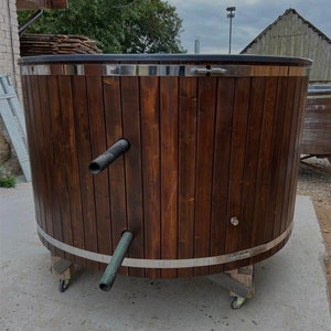 Wooden fiberglass hottub with wood stove. Jacuzzi with bubbles and LED rgb lighting. Outdoor garden spa for you image 5