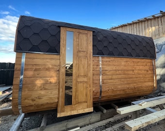Sauna rectangulaire en forme de tonneau de 4,0 m avec une antichambre VENTE, SAUNA pour vous, sauna finlandais, kit sauna, prêt à l'emploi.