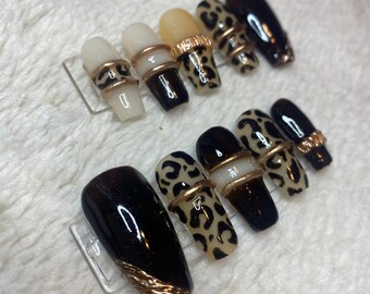 Luxury, Hand painted Press On Nails with 3D & tortoise shell detailing