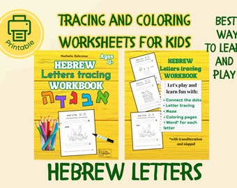 May include: Printable Hebrew letters tracing workbook for kids ages 4+. The cover features colorful Hebrew letters and a sample worksheet with a drawing of a rabbit. The workbook includes activities like connecting the dots, letter tracing, mazes, coloring pages, and a word for each letter.