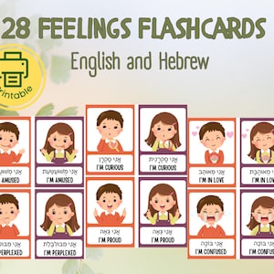 28 Feelings-flitskaarten - Hebreeuws leren, afdrukbare kaarten, hulpmiddel om Hebreeuws te leren, Hebreeuws - Engels, pdf leren, digitale download