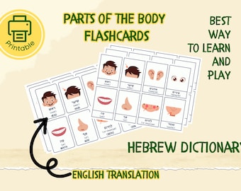 24 Parts of body Flash cards - learn Hebrew, Printable Cards, Resource for Learning Hebrew, Hebrew - English, Learning PDF Digital Download