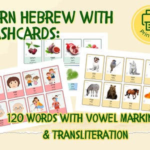Tarjetas didácticas en hebreo / 120 tarjetas imprimibles / Vocabulario hebreo / Aprenda palabras en hebreo / Descarga digital educativa