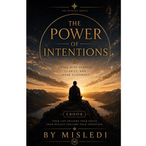 Op de afbeelding: Boekomslag getiteld "The Power of Intentions" met een silhouet van een persoon op een bergtop bij zonsondergang. De omslag bevat tekst over leven met doel, helderheid en innerlijke afstemming. De auteur is Misled1.
