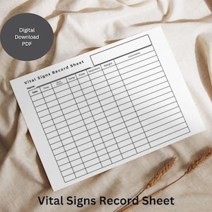 Printable Vital Signs Record Sheet 11 x 8.5 inch PDF Digital Download