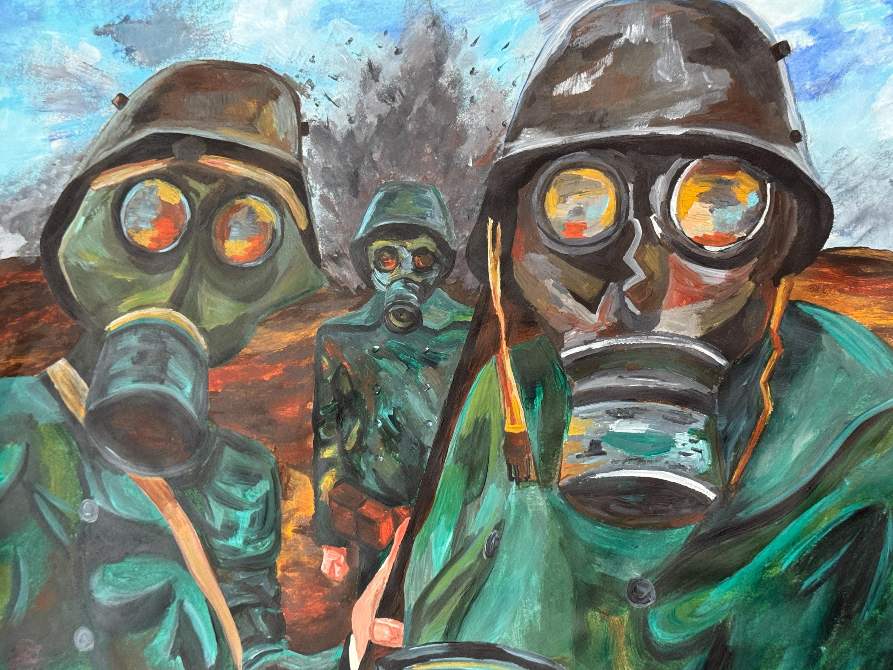 第一次世界大戦のガスマスクをつけたドイツ兵のアクリル画（額なし