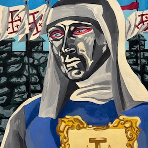 Acrylschilderij koning Boudewijn IV van Jeruzalem, niet ingelijst
