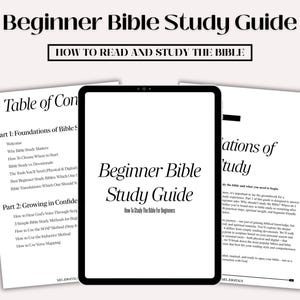 以下が含まれることがあります： デジタルタブレットと聖書研究ガイドの2ページ。タブレットには「Beginner Bible Study Guide」と「How to Study the Bible for Beginners」というタイトルが表示されています。ページには目次と学習ノートが含まれています。