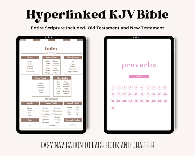 K&ouml;nnte beinhalten: Ein digitales Tablet, auf dem eine hyperverlinkte KJV-Bibel mit einem Index aller B&uuml;cher des Alten und Neuen Testaments angezeigt wird. Der Bildschirm zeigt eine Kapitel&uuml;bersicht f&uuml;r das Buch der Sprichw&ouml;rter.
