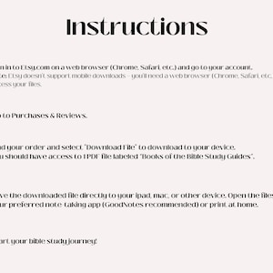 Może przedstawiać: Beżowe tło z napisem "Instructions" czcionką w eleganckim, czarnym kroju. Tekst zawiera instrukcje krok po kroku, jak uzyskać dostęp i korzystać z plik&oacute;w cyfrowych zakupionych na Etsy, w tym dostęp do plik&oacute;w za pośrednictwem przeglądarki internetowej i ich pobieranie.
