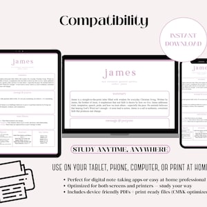 Może przedstawiać: Cyfrowy przewodnik do nauki wyświetlany na tablecie, laptopie i telefonie. Przewodnik zatytułowany "James" zawiera tekst w jasnofioletowym odcieniu. Obraz zawiera r&oacute;wnież ikonę drukarki i tekst "Study Anytime, Anywhere."