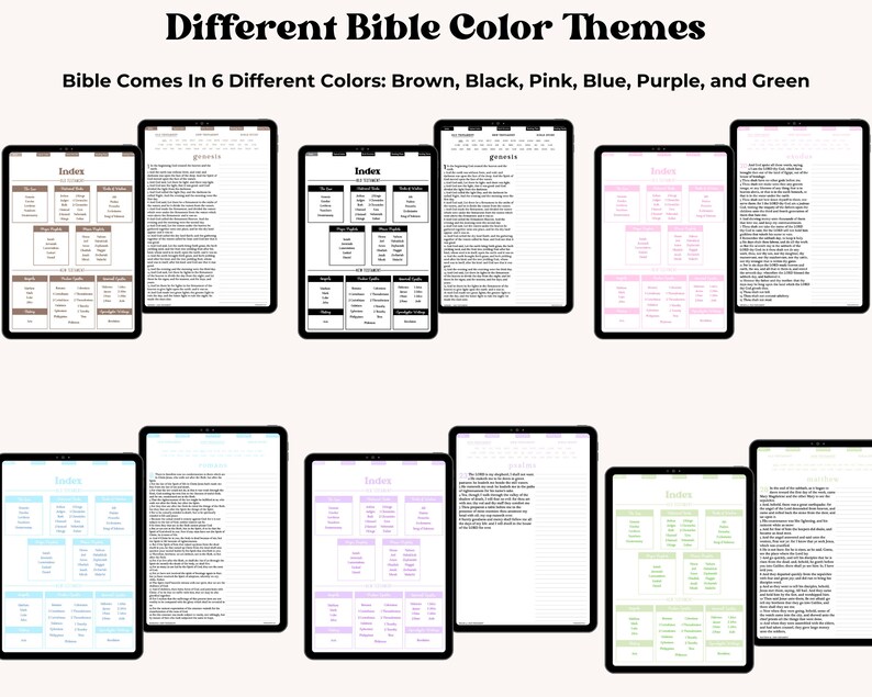 K&ouml;nnte beinhalten: Sechs verschiedene farbige digitale Planer mit dem Text "Index" und "Genesis" auf den Seiten. Die Planer sind braun, schwarz, rosa, blau, lila und gr&uuml;n.