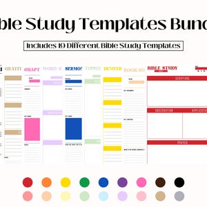Könnte beinhalten: Ein Set mit 19 druckbaren Bibelstudienvorlagen im Bundle. Die Vorlagen sind mit verschiedenen Layouts und Farben gestaltet, darunter Rot, Orange, Gelb, Grün, Blau, Lila, Pink, Braun und Schwarz. Die Vorlagen beinhalten Abschnitte für Schrift, Beobachtung, Anwendung und Gebet.
