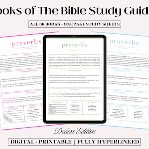 Op de afbeelding: Een digitale en printbare Bijbelstudiegids met de titel "Books of The Bible Study Guides" en de tekst "ALL 66 BOOKS - ONE PAGE STUDY SHEETS". De afbeelding toont een tablet en twee vellen met de titel "proverbs".