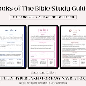 May include: Digital study guides for all 66 books of the Bible, displayed on three tablets. The guides include summaries, key figures, and structures. The text reads "Books of The Bible Study Guides" and "ALL 66 BOOKS - ONE PAGE STUDY SHEETS".