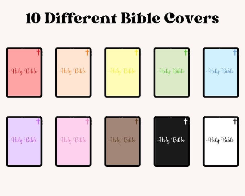 K&ouml;nnte beinhalten: Zehn verschiedene digitale Bibelh&uuml;llen mit einem Kreuz und den Worten "Holy Bible" in einer kursiven Schrift. Die H&uuml;llen sind in verschiedenen Farben, darunter Rot, Orange, Gelb, Gr&uuml;n, Blau, Lila, Rosa, Braun, Schwarz und Wei&szlig;.