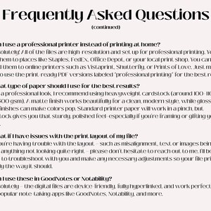 Może przedstawiać: Kremowa strona z tytułem "Frequently Asked Questions" w stylowej czcionce. Tekst odpowiada na typowe pytania dotyczące drukowania plik&oacute;w cyfrowych, w tym rodzaju papieru i opcji drukowania.