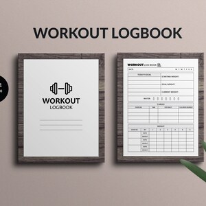 Puede incluir: Un libro de registro de entrenamiento en blanco y negro con un icono de mancuerna en la portada. El libro de registro tiene secciones para llevar un registro del peso, la ingesta de agua, el ejercicio, el tiempo, el cardio, la distancia y las calorías quemadas.