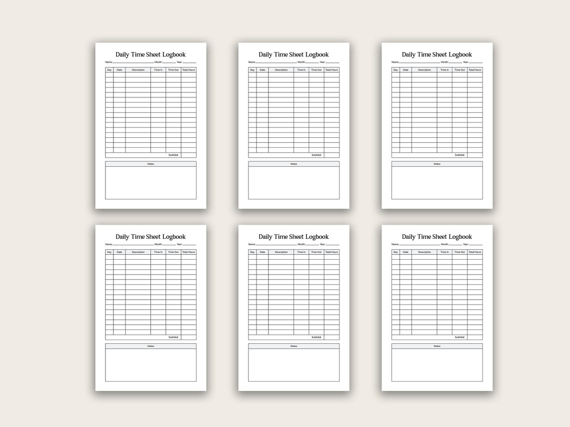 Daily Time Log Note, Daily Time Log Sheet, Work Day Schedule Printable