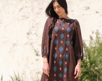 Brown eco linen dress, soft loose fit dress, midi hand stamped gown, long puff sleeves boho casual dress, minimalist floral print dress