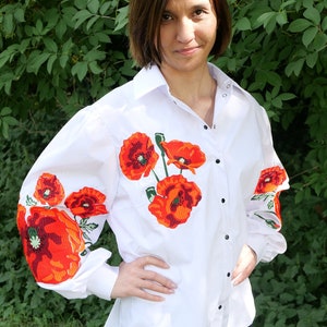 Basic red flower embroidered shirt, vyshyvanka, ethnic Ukrainian embroidery, long sleeves cotton blouse, bohemian top, floral cute shirt image 1