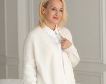 Long White Cardigan - 80 Angora, 20 Acrylic - Cozy Elegance