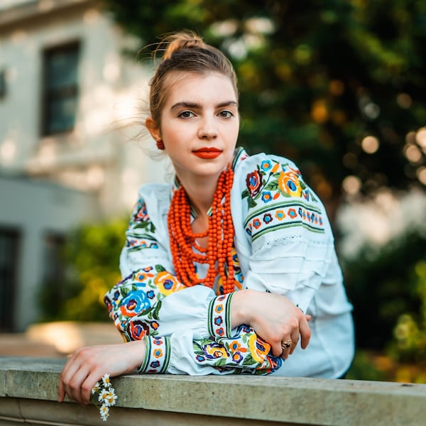 Colourful vyshyvanka, white boho skirt, embroidered linen blouse, women's summer top with Ukrainian embroidery, ethnic linen prairie blouse