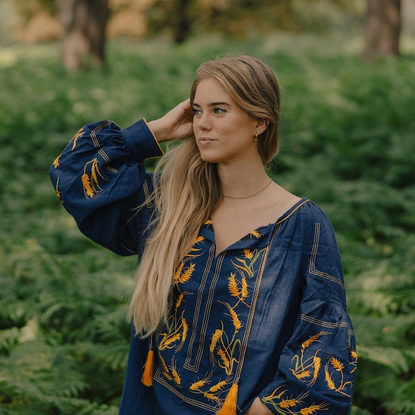 Navy indigo blue linen shirt, vyshyvanka with embroidery, spikelet of wheat pattern, blouse with long puff sleeves, traditional bohemian top