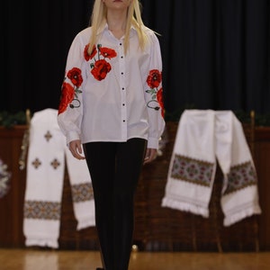 Basic red flower embroidered shirt, vyshyvanka, ethnic Ukrainian embroidery, long sleeves cotton blouse, bohemian top, floral cute shirt image 6