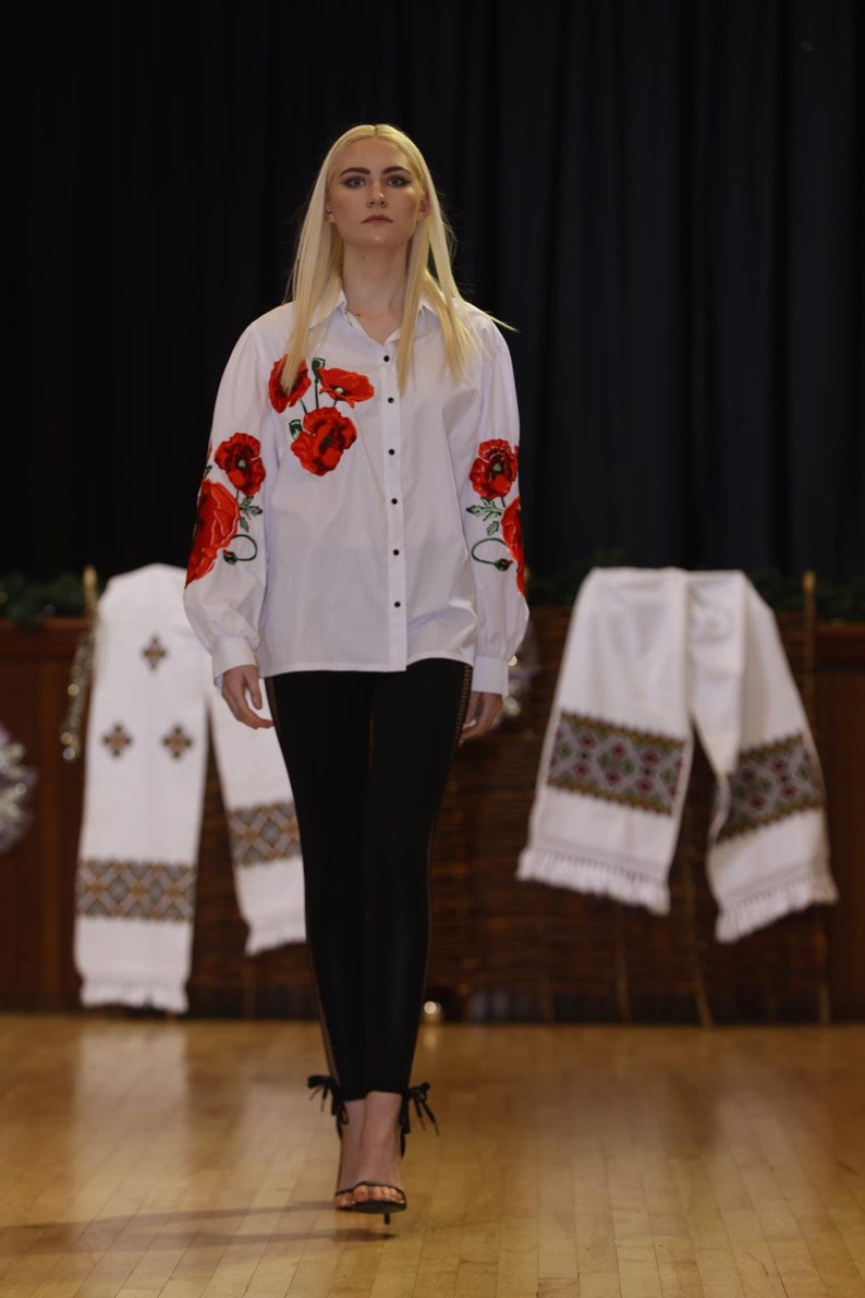 Basic red flower embroidered shirt, vyshyvanka, ethnic Ukrainian embroidery, long sleeves cotton blouse, bohemian top, floral cute shirt image 6