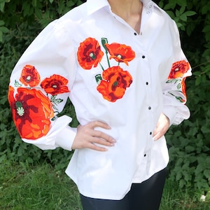 Basic red flower embroidered shirt, vyshyvanka, ethnic Ukrainian embroidery, long sleeves cotton blouse, bohemian top, floral cute shirt image 2