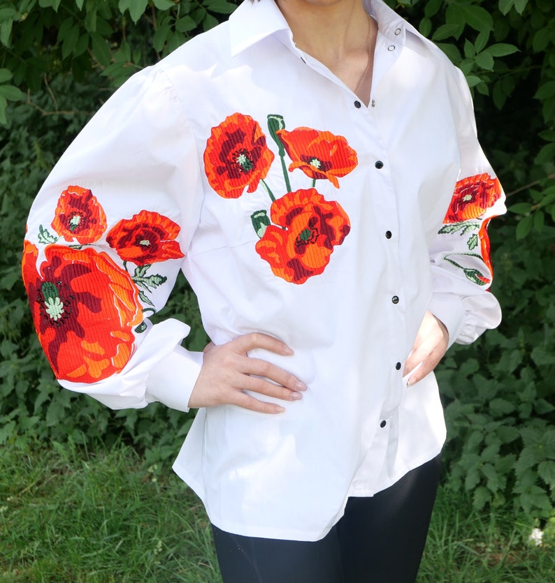 Basic red flower embroidered shirt, vyshyvanka, ethnic Ukrainian embroidery, long sleeves cotton blouse, bohemian top, floral cute shirt image 2