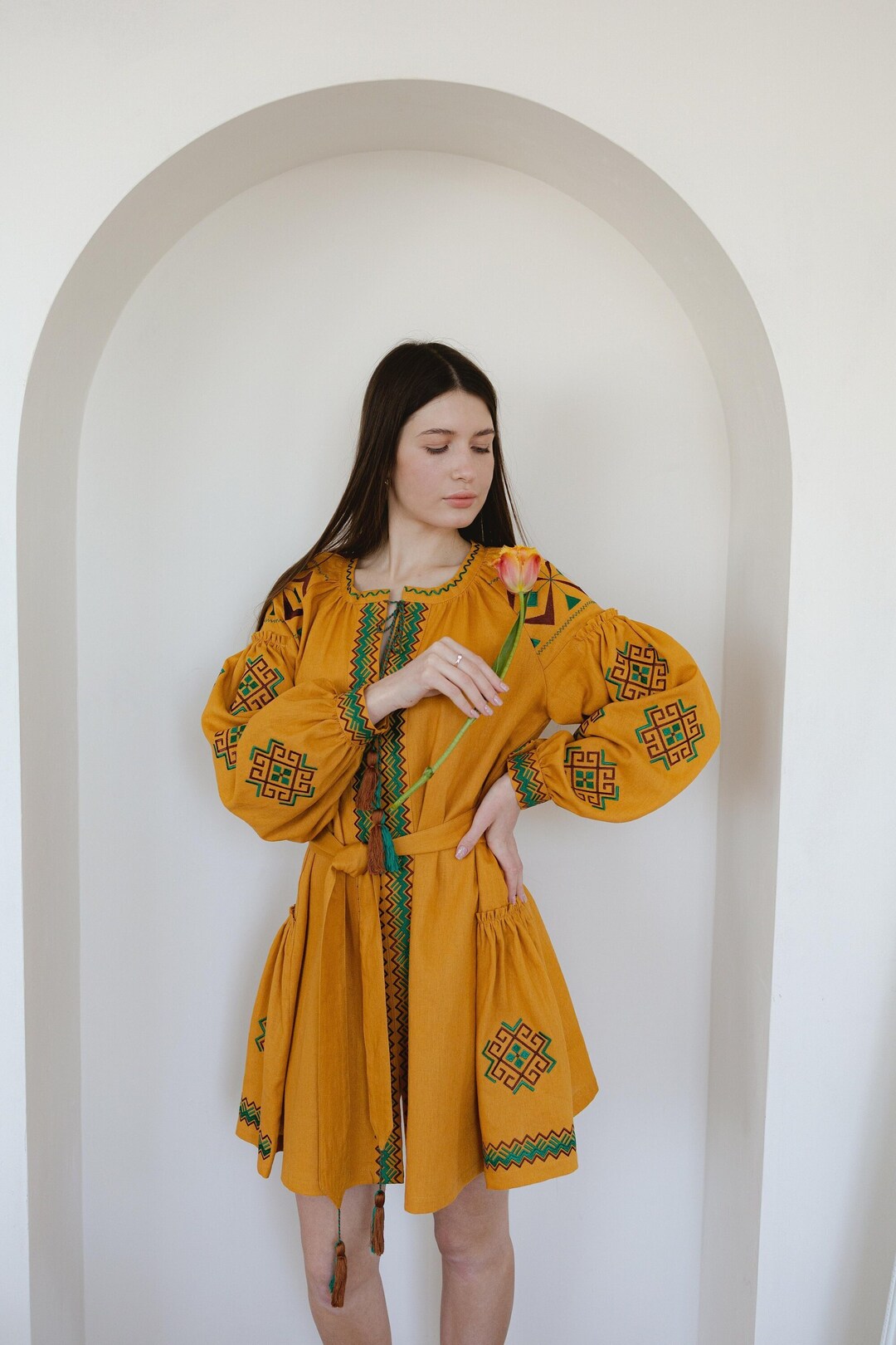 Honeycomb Yellow Linen Embroidered Dress, Linen Dress With Long Sleeves ...