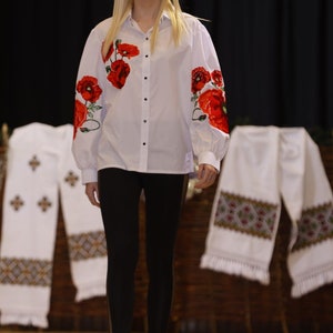 Basic red flower embroidered shirt, vyshyvanka, ethnic Ukrainian embroidery, long sleeves cotton blouse, bohemian top, floral cute shirt image 4