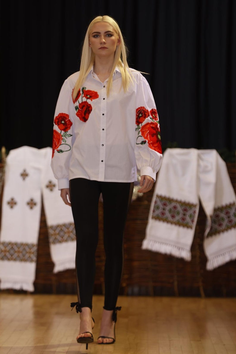 Basic red flower embroidered shirt, vyshyvanka, ethnic Ukrainian embroidery, long sleeves cotton blouse, bohemian top, floral cute shirt image 4