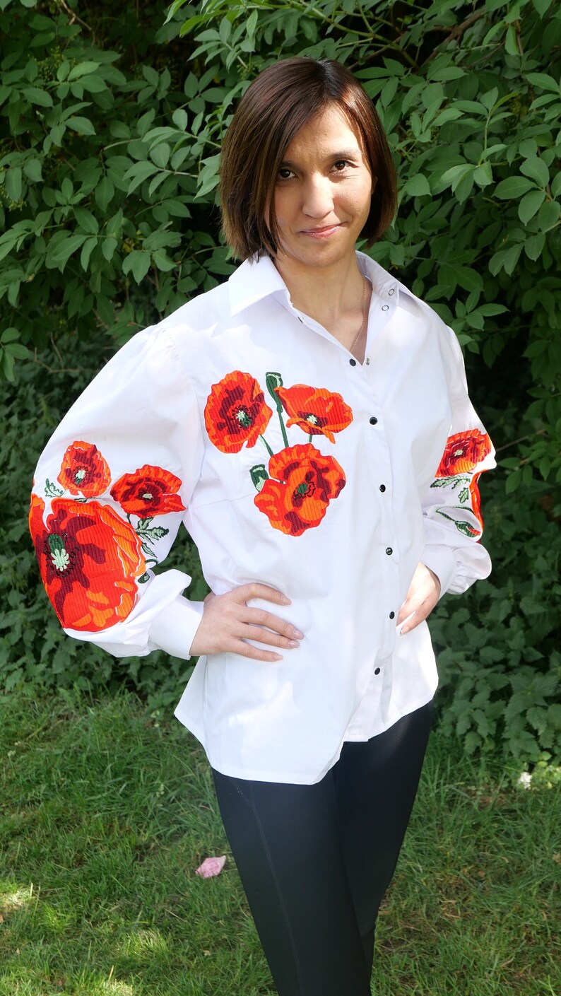 Basic red flower embroidered shirt, vyshyvanka, ethnic Ukrainian embroidery, long sleeves cotton blouse, bohemian top, floral cute shirt image 1