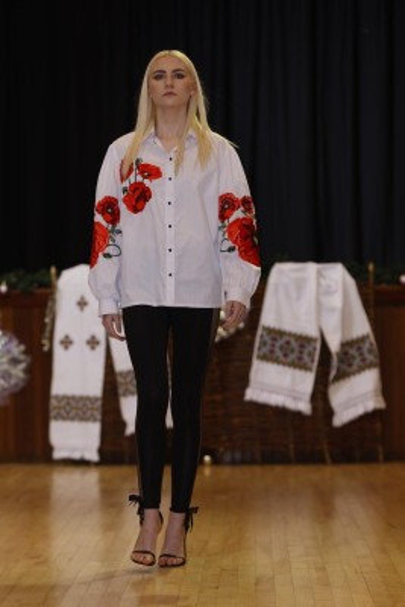 Basic red flower embroidered shirt, vyshyvanka, ethnic Ukrainian embroidery, long sleeves cotton blouse, bohemian top, floral cute shirt image 8