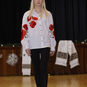 Basic red flower embroidered shirt, vyshyvanka, ethnic Ukrainian embroidery, long sleeves cotton blouse, bohemian top, floral cute shirt image 5