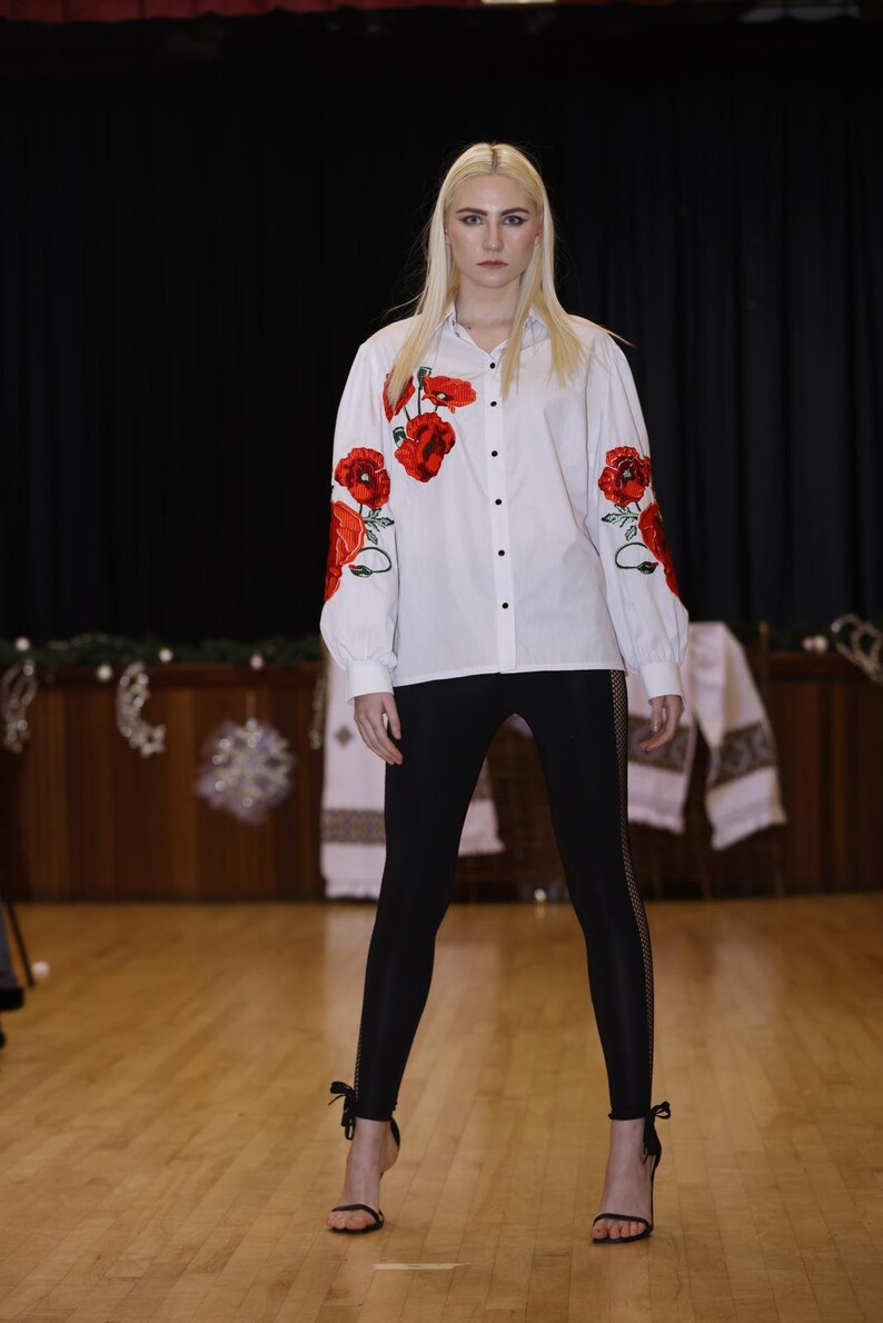 Basic red flower embroidered shirt, vyshyvanka, ethnic Ukrainian embroidery, long sleeves cotton blouse, bohemian top, floral cute shirt image 3