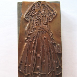 Timbro a inchiostro della stampante Blocco di legno Stamper SPOSA Signora vittoriana in abito e velo, Donna in costume folcloristico, Rame e legno da antico a vintage