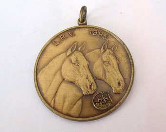 Vintage Medallion Medal Pendant Two horses Bronzetone, Gift for horse fans lovers Equestrian Dressage race horse, Belgian Flemish art Medal