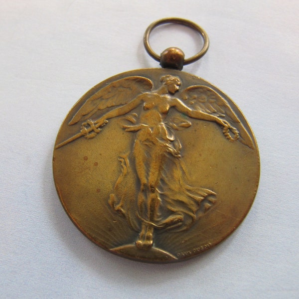 Belgian Victory Goddess Angel Art Medal, Antique WWI Allied Nations 1914 1918 medallion pendant, Belgium WW1 antiquities, 1910s Paul Dubois