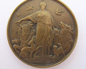 1903 Französische Bronze Kunst Medaillon der Tierschutzgesellschaft von Paris, Pferde Rinder Hunde Katzen Vögel