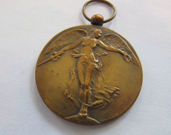 Belgian Victory Goddess Angel Art Medal, Antique WWI Allied Nations 1914 1918 medallion pendant, Belgium WW1 antiquities, 1910s Paul Dubois