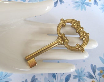 Vintage solid Brass Skeleton key Ornate French style, Armoire Drawer Cabinet Dresser key 81mm, Housewarming Unique Fun gift him her