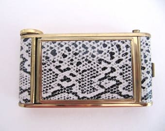 Vintage Powder compact Pocket Camera style double sided w/ lipstick holder & Manicure set Faux snakeskin pattern Original powder puff sifter