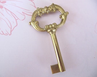 Vintage solid Brass Skeleton key Ornate French style, Armoire Drawer Cabinet Dresser key 81mm, Housewarming Unique Fun gift him her