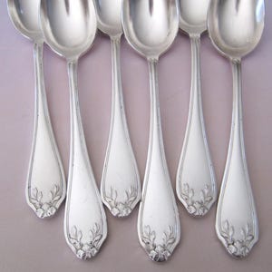 Può includere: Un set di cucchiai d'argento con un motivo floreale sul manico. I cucchiai sono disposti a ventaglio su uno sfondo lilla chiaro. I cucchiai sono in metallo lucido e riflettente.