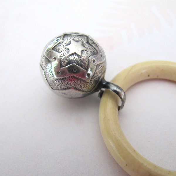 Small French Baby Rattle Solid Silver Antique Ball shaped with Stars pattern, Vintage Petite Bell Necklace Pendant France, Dolls or Teddies